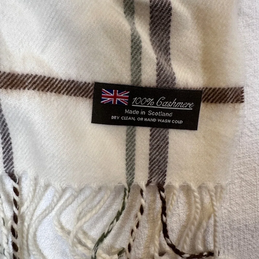 100% Cashmere Scarf Made in Scotland Plaid Cream Brown Grey Fringe Unisex